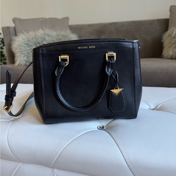 Michael Kors Black Leather Benning Handbag Crossbody Adjustable Straps Handles - Picture 1 of 15
